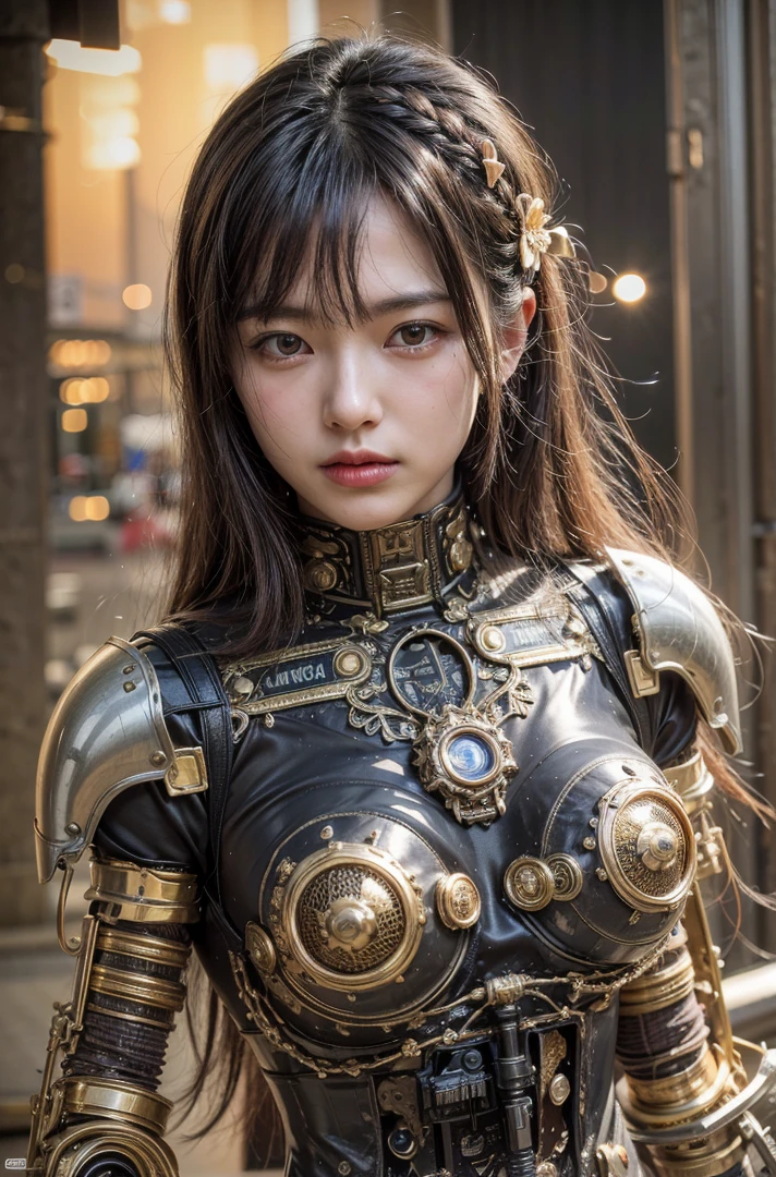 (masterpiece, best quality:1.2), (8k uhd, 16k, 32k, ultra high res), Steampunk, fictional WWII former Japanese Imperial Army armored car and cyborg Japanese female soldier, beautiful face, torn pants, dirty clothes, very intricate details, olive drab paint, peeling paint, weathering, fortress attack, realistic photo, taken with Fuji film X-T30+Nokton. HDR10