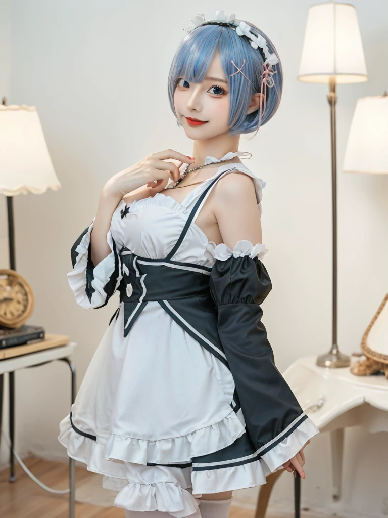(8K, Photorealistic, Raw photo, of the highest quality: 1.3), (1girl in), Super beautiful, (Realistic face), (boyish, light blue Color Berry Shorthair),(8K, Photorealistic, Raw photo, of the highest quality: 1.3), (1girl in), Super beautiful, (Realistic face), (boyish, pink Color Berry Shorthair), Beautiful , Glare that captivates the viewer, Beautiful expression, Beautiful breasts, (Realistic skin), Be...Create a detailed and colorful image of Ram and Rem from Re:Zero, standing back-to-back in their maid outfits, with a magical fantasy background、14years old, two girls,cute, perfect face, beautiful, nice body, gothic ta clothes, gothic loliashion, frilly skirt, headdress, necklace, bracelet, knee-high socks, boots, double eyelids, tear bags, Detailed down to the fingers, photo-like description, indoors, dim indoor lighting, one girl is pink hair and short bob, another girl is light blue hair and short bob,standing, whole body, composition that shows the whole body, smiling,The Both of them are wearing the same type of maid outfit