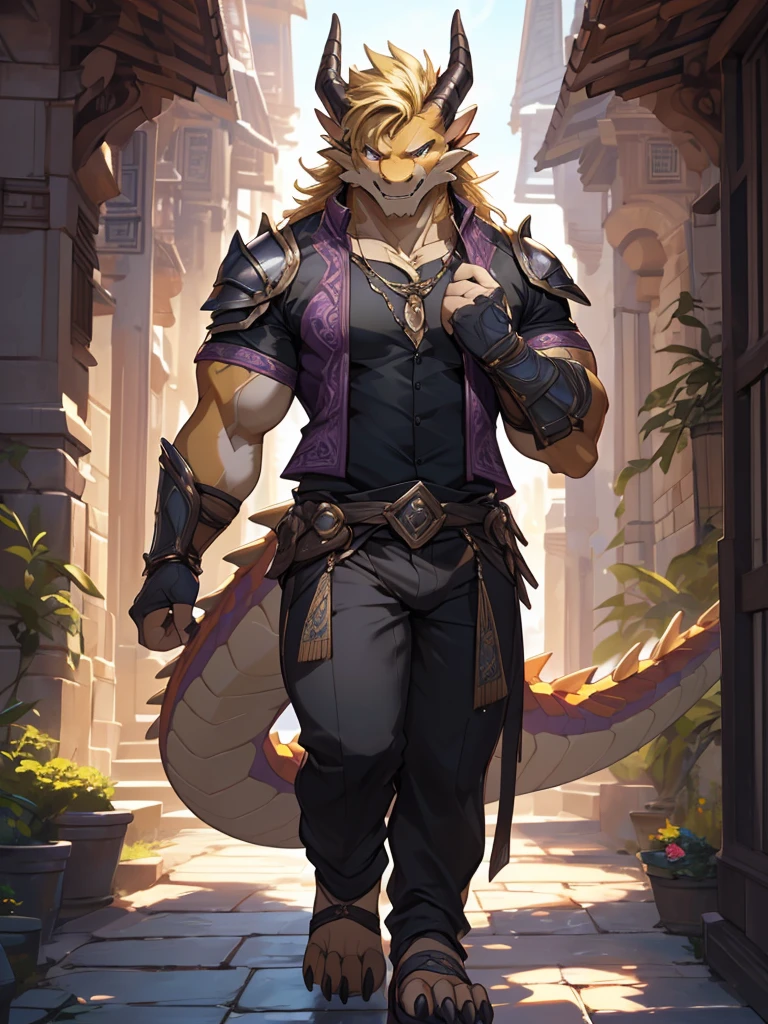 (masterpiece, best quality, high quality, highres:1.4), detailed, extremely detailed, ambient soft lighting, 4K, by (by Pino Daeni, (by ruaidri), yupa, kiyosan,(by meesh), (by fffffolder)), delga: (slim, athletic, dragon, yellow body, smooth skin, athletic muscle, anthro legs, (dragon feet), (toe claw), purple eyes, blonde spikes, girl, female, breasts, curvy, (detailed eyes), dragon horn, dragon tail, druid (clothing, (topwear: suit, black shirt), handwear:(none), bottomwear:(pants:black, [[leg armor]]))), sandals, gladiator sandals, handsome, closed_mouth, ((serious_look, serious)) tag:1girl), standing, portrait