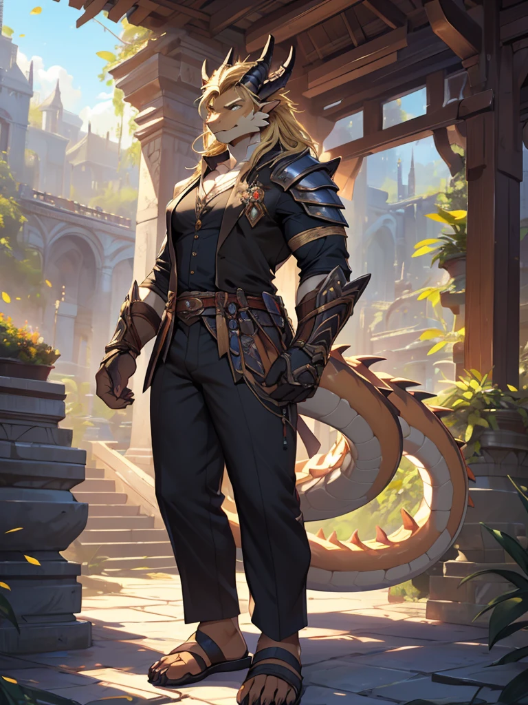 (masterpiece, best quality, high quality, highres:1.4), detailed, extremely detailed, ambient soft lighting, 4K, by (by Pino Daeni, (by ruaidri), yupa, kiyosan,(by meesh), (by fffffolder)), delga: (slim, athletic, dragon, yellow body, smooth skin, athletic muscle, anthro legs, (dragon feet), (toe claw), purple eyes, blonde spikes, girl, female, breasts, curvy, (detailed eyes), dragon horn, dragon tail, druid (clothing, (topwear: suit, black shirt), handwear:(none), bottomwear:(pants:black, [[leg armor]]))), sandals, gladiator sandals, handsome, closed_mouth, ((serious_look, serious)) tag:1girl), standing, portrait
