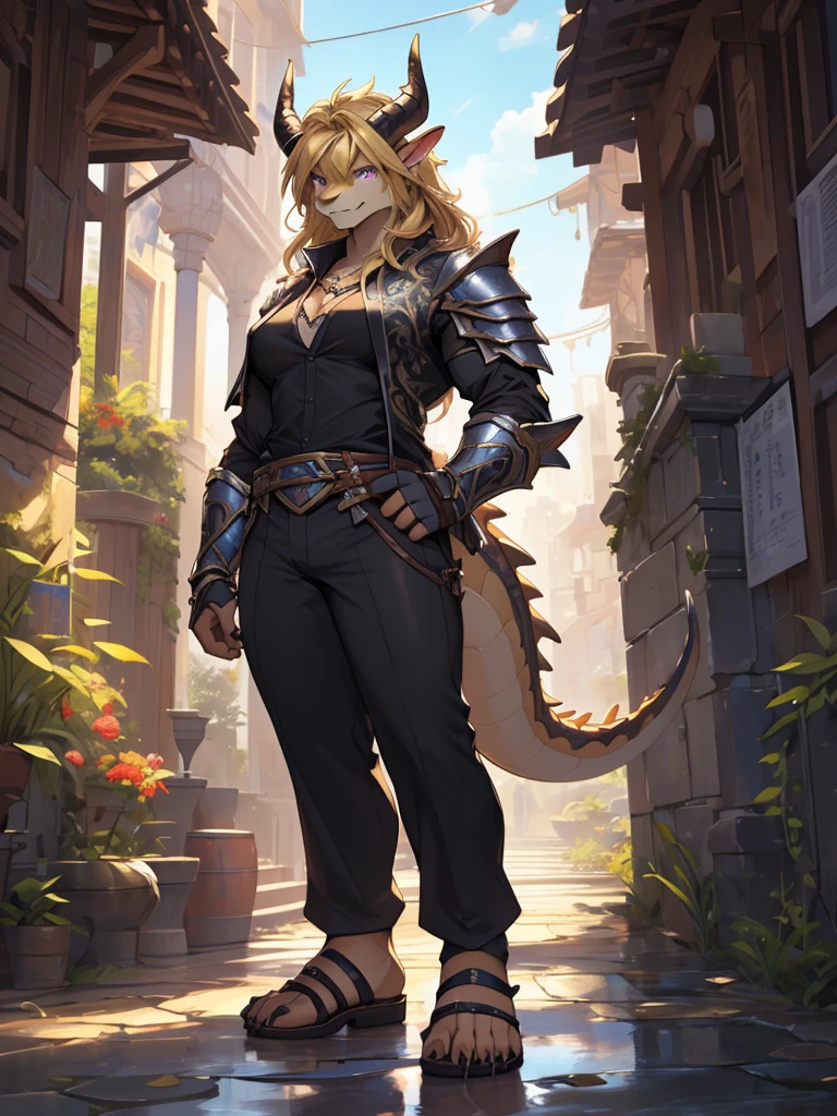 (masterpiece, best quality, high quality, highres:1.4), detailed, extremely detailed, ambient soft lighting, 4K, by (by Pino Daeni, (by ruaidri), yupa, kiyosan,(by meesh), (by fffffolder)), delga: (slim, athletic, dragon, yellow body, smooth skin, athletic muscle, anthro legs, (dragon feet), (toe claw), purple eyes, blonde spikes, girl, female, breasts, curvy, (detailed eyes), dragon horn, dragon tail, druid (clothing, (topwear: suit, black shirt), handwear:(none), bottomwear:(pants:black, [[leg armor]]))), sandals, gladiator sandals, handsome, closed_mouth, ((serious_look, serious)) tag:1girl), standing, portrait