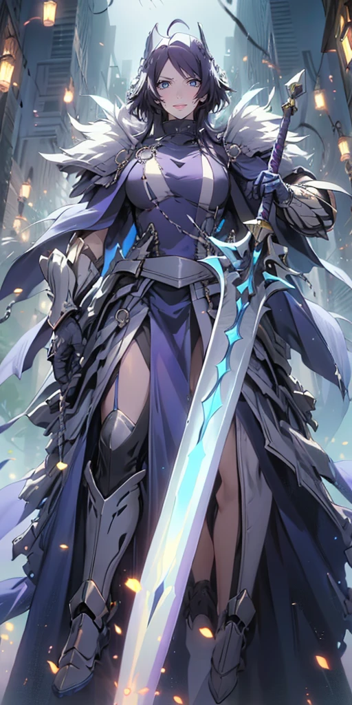 MC, ahoge, (long hari, purple hair:1.3), hair ornament, dark-blue eyes, anatomically correct, heavy breathing, mature female,solo, 1girl, holding, standing, weapon, female focus, sword, cape, holding weapon, armor, holding sword, shoulder armor, gauntlets, facing viewer, pauldrons, breastplate, planted, full armor, bokeh, backlighting, firefly, fireflies, hollow eyes, bright pupils, dark-blue eyes, looking at viewer. glowing eyes heavy breathing, seductive smile, (steaming face:1.3), blush face, lips,