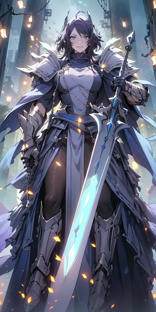 MC, ahoge, (long hari, purple hair:1.3), hair ornament, dark-blue eyes, anatomically correct, heavy breathing, mature female,solo, 1girl, holding, standing, weapon, female focus, sword, cape, holding weapon, armor, holding sword, shoulder armor, gauntlets, facing viewer, pauldrons, breastplate, planted, full armor, bokeh, backlighting, firefly, fireflies, hollow eyes, bright pupils, dark-blue eyes, looking at viewer. glowing eyes heavy breathing, seductive smile, (steaming face:1.3), blush face, lips,