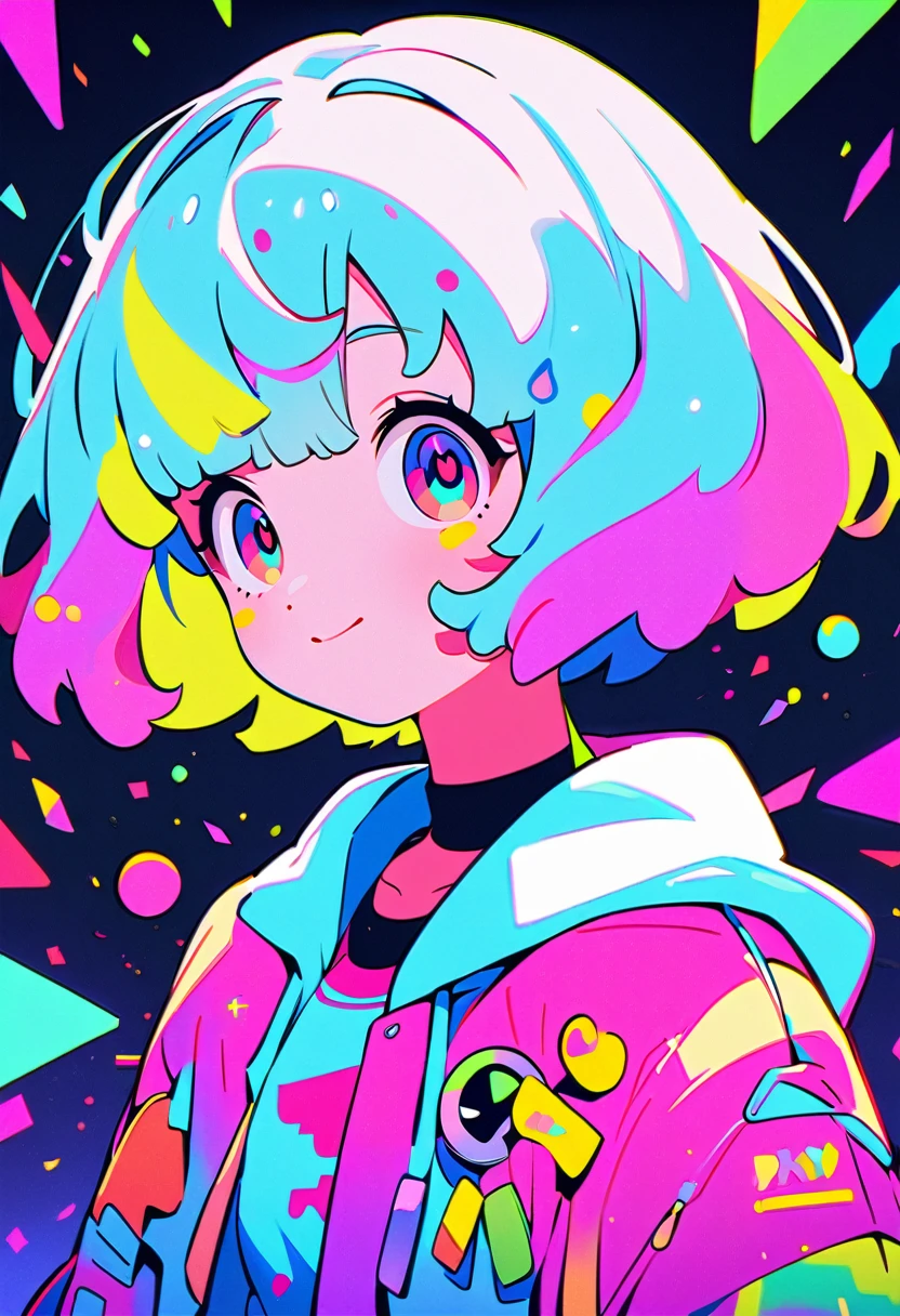 Vibrant art,pop、bright、colorful, 1 female, Light blue hair, short hair、Happy,cute, animation style, kawaii, clearly, colorful cyberpunk, bubblegum pop, cute、Pink and light blue as main colors、I'm cheering loudly、 Headphonesをしている、Headphones、music、