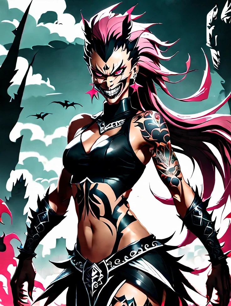 Em sua forma completa feminina, Sukuna is tall and muscular, with four arms and sharp claws. His skin is pale and covered in black tattoos.. his eyes are red and glowing, and she has a sadistic smile with sharp teeth. Her hair is long and pink, caindo ao redor de uma coroa de espinhos. She is a menacing and powerful presence.
