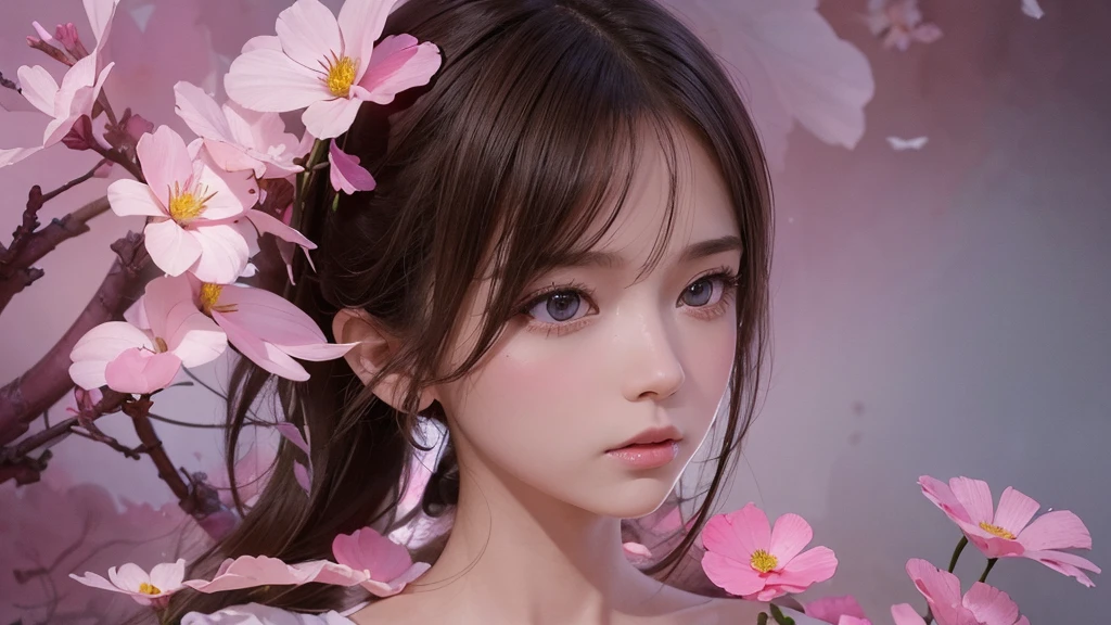 32k, Masterpiece, Highest quality, One girl, Detailed eyes, flower,Sandersonia, Pink and brown style,A dreamy, romantic piece,Pale pink, Mysterious Leaves,A playful arrangement,Fantasy,High Contrast,Ink strokes,explosion,Exposure, Impression of pink and brown tones,Abstract,((Watercolours by John Berkey and Jeremy Mann )) Brush strokes,Negative Space, Tyndall effect,