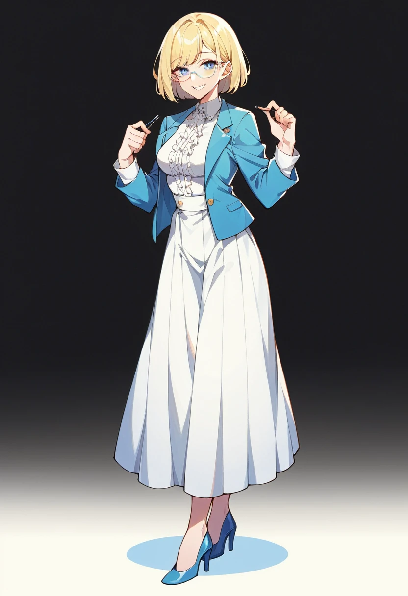 beautiful woman, beautiful face, solo, full body, standing, medium bob cut blonde hair, light blue eyes, two points glasses, medium breasts, blue opened short jacket, white blouse, white pleats slightly long skirt, (lewd calf of leg), blue high heels, soft smile, (pinch one's her glasses), perfect hands and perfect fingers, fascinating temptation pose, black background, no background, pastel 2d art, matte painting, anime, masterpiece 