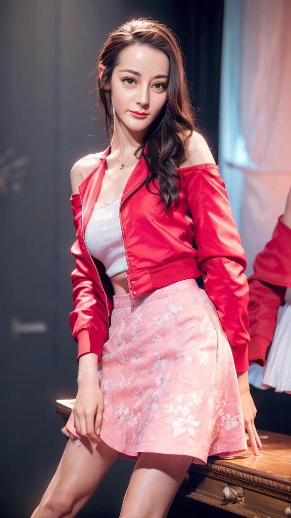 (masterpiece, best quality:1.4), (The days to come), (Full of white flowers), (1 Girl), ((18 years old)), Solitary, (European Youth:1), Alice Gainsborough, Necklace, Cropped Jacket, Hairpin, bracelet, (((Red Jacket))), (((Pink skirt))), (Show off your beautiful legs) ,Brown high heel boots, Visible throughout the body, full-body shot,Very long hair, Headband, Flowering, Red off-the-shoulder dress, high heels hyperPractical, High Detail Skin, Digital SLR Camera, Soft lighting, high quality, Highly detailed face, Very delicate skin, Skin pores, Subsurface scattering, Practical pupils, Medium breasts, Full flush, Full lips, Detailed background, Depth of Field, Volumetric Lighting, Clear focus, absurd, Practical proportions, Good anatomy, ((A faint smile)), ((Looking at the audience)), ((Cowboy shooting)), (Practical, hyperPractical:1.4), 16k High Dynamic Range, , Medium breasts