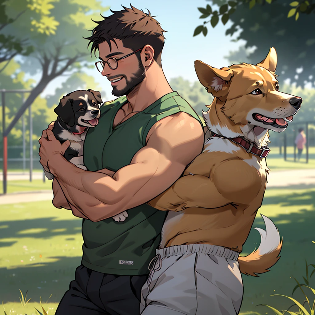 a man with a beard and a golden retriever dog, the man wearing glasses, green tanktop, in a dog's park, the man carrying and hugging the dog, the high well detailed, face focus, happy smile, happy dog, heart-warming, seen from the side