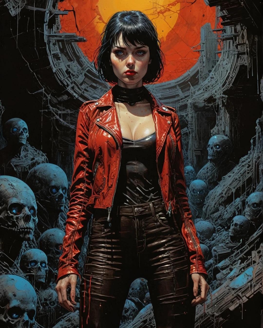 1 girl, pale skin, pixie short black hair with bangs , blue eyes, full red lips, big breasts, leather jacket, tight leather jeans, tight black t-shirt.,..., maximalist art, by Moebius and Hariton Pushwagner, (ambient occlusion, masterful, beautiful), poster art, bold lines, hyper detailed, expressive, award winning, (landscape:1.4), (intricate details, masterpiece, best quality:1.4), looking at viewer, dynamic pose, wide angle view, in the style of nicola samori , futuristic style, sleek, ultra modern, high tech, ornate by Moebius and by Marc Simonetti, clean lines, geometric shapes, Minimalist color scheme of red and cyan
mkitdecy, rust, cracks brutalism, style by Tom Jung and Drew Struzan and Tim and Greg Hildebrandt, ((style by artgerm and Greg Manchess and Ilya Kuvshinov))