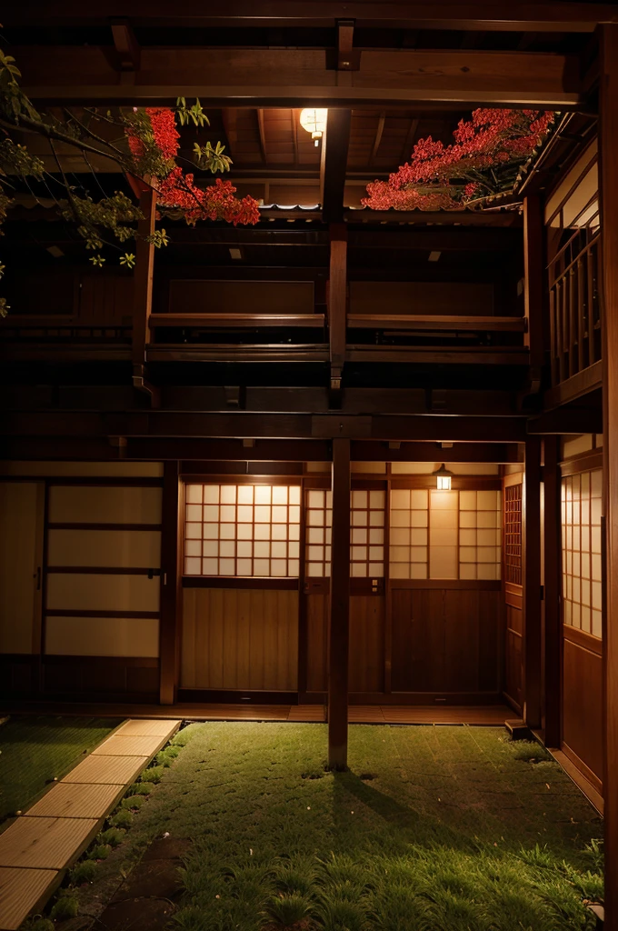 Panoramic visual of traditional Japanese wooden house, low lighting, raining lightly, night, tree, leafy, cloudy, star, red moon, High quality, 8K, Fisheye 