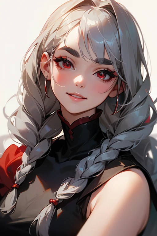 (Highest quality, masterpiece:1.2), High resolution, 最高masterpiece、Very detailed, Realistic:1.37, Fantasy, An illustration,Gray Hair、 Red eyes、Queen, Black Dress、beautifully、Eyeshadow Red、Thick eyebrows、Long eyelashes、pupils are black、shiny on the lips、Top Sites、Queen、Princess、A kind smile、Show your teeth a little and smile、Soft impression、people々々々々々々々Loved by、Slimming the face、Shoulder Bare、Sexy braids、Kissing Face、Long white hair、Shaggy Bangs、Save face image、royal palace、