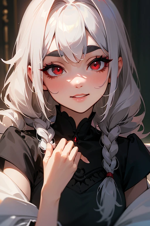 (Highest quality, masterpiece:1.2), High resolution, 最高masterpiece、Very detailed, Realistic:1.37, Fantasy, An illustration,Gray Hair、 Red eyes、Queen, Black Dress、beautifully、Eyeshadow Red、Thick eyebrows、Long eyelashes、pupils are black、shiny on the lips、Top Sites、Queen、Princess、A kind smile、Show your teeth a little and smile、Soft impression、people々々々々々々々Loved by、Slimming the face、Shoulder Bare、Sexy braids、Kissing Face、Long white hair、Shaggy Bangs、Save face image、royal palace、