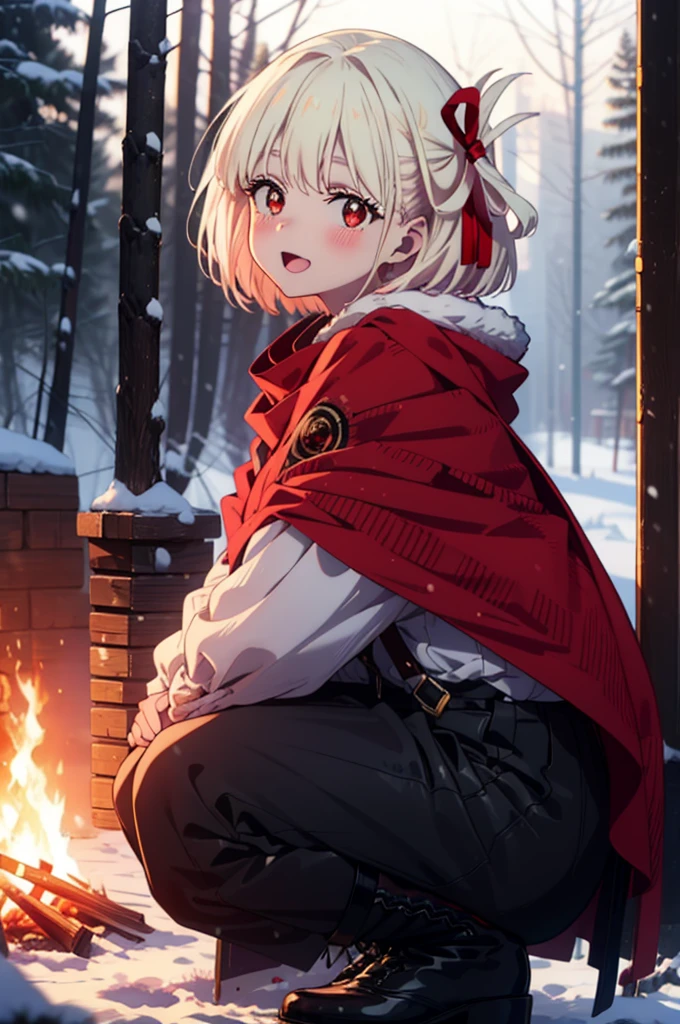 chisatonishikigi, Chisato Nishikigi, short hair, bangs, blonde, (Red eyes:1.5), Hair Ribbon, One side up, Bobcut,smile,blush,happy smile, smile, Open your mouth,
White Breath, Open your mouth,snow, Ground bonfire, Outdoor, boots, snowing, From the side, wood, suitcase, Cape, Blurred, Increase your meals, forest, White handbag, nature, Squat, Mouth closed, フードed Cape, winter, Written boundary depth, Black shoes, red Cape break looking at viewer, Upper Body, whole body, break Outdoor, forest, nature, break (masterpiece:1.2), Highest quality, High resolution, unity 8k wallpaper, (shape:0.8), (Beautiful and beautiful eyes:1.6), Highly detailed face, Perfect lighting, Highly detailed CG, (Perfect hands, Perfect Anatomy),