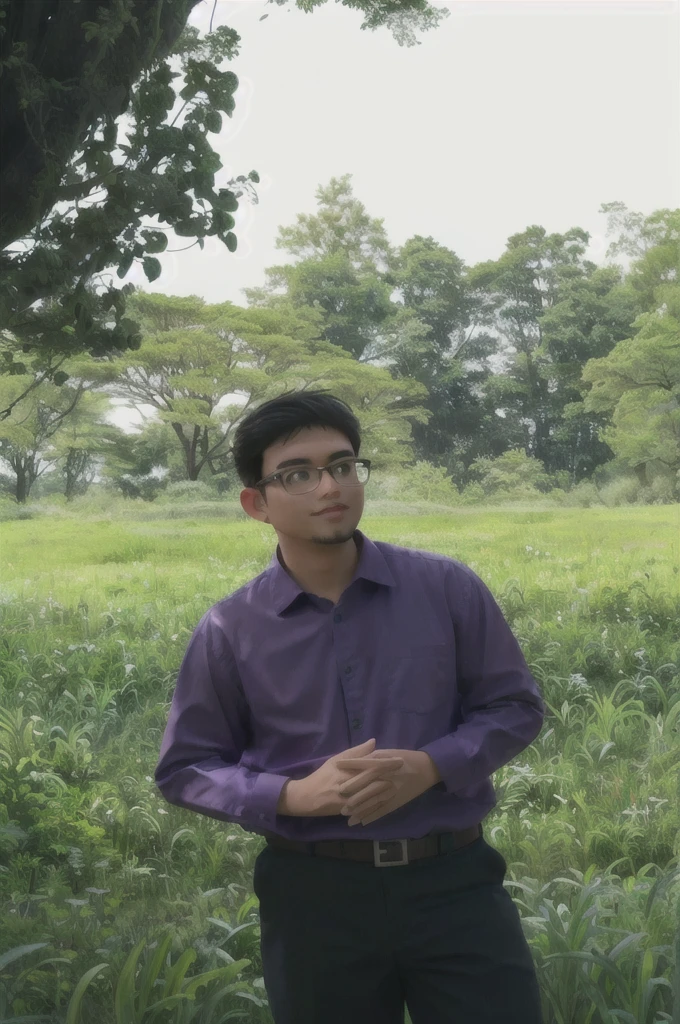man with glasses in a purple shirt standing in a field of tall grass, in front of a forest background, nivanh chanthara, ramil sunga, mohamed chahin, in a large grassy green field, assamese aesthetic, in a open green field, in a field, nuttavut baiphowongse, portait image