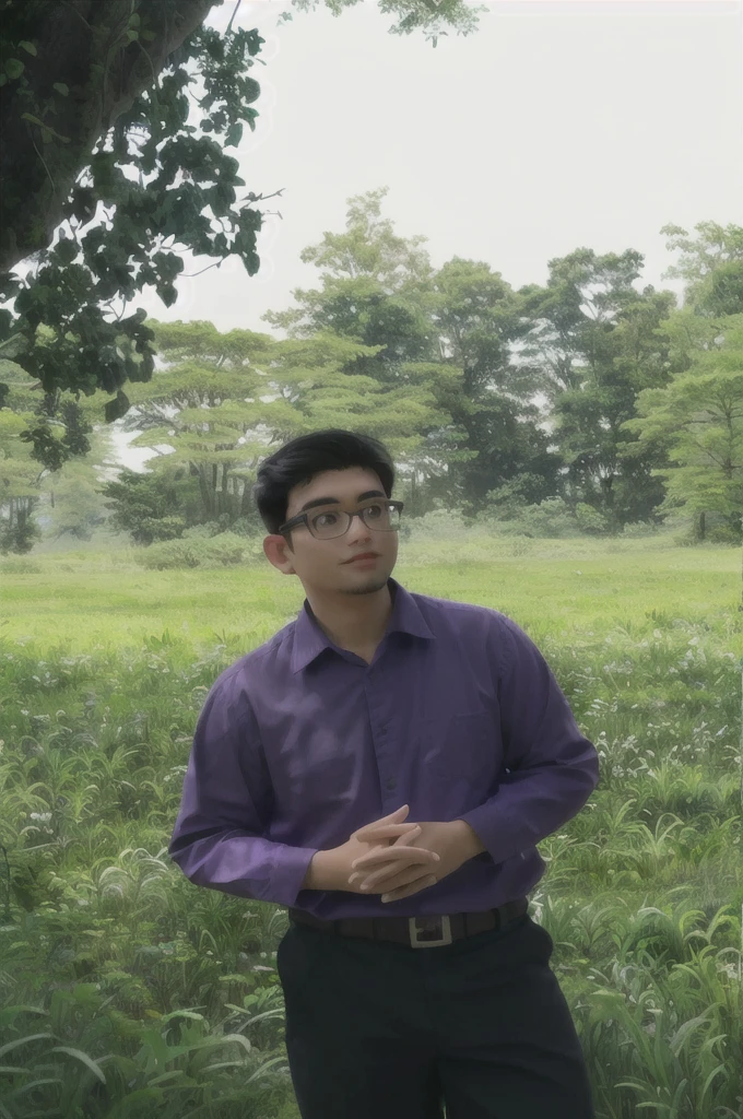 man with glasses in a purple shirt standing in a field of tall grass, in front of a forest background, nivanh chanthara, ramil sunga, mohamed chahin, in a large grassy green field, assamese aesthetic, in a open green field, in a field, nuttavut baiphowongse, portait image