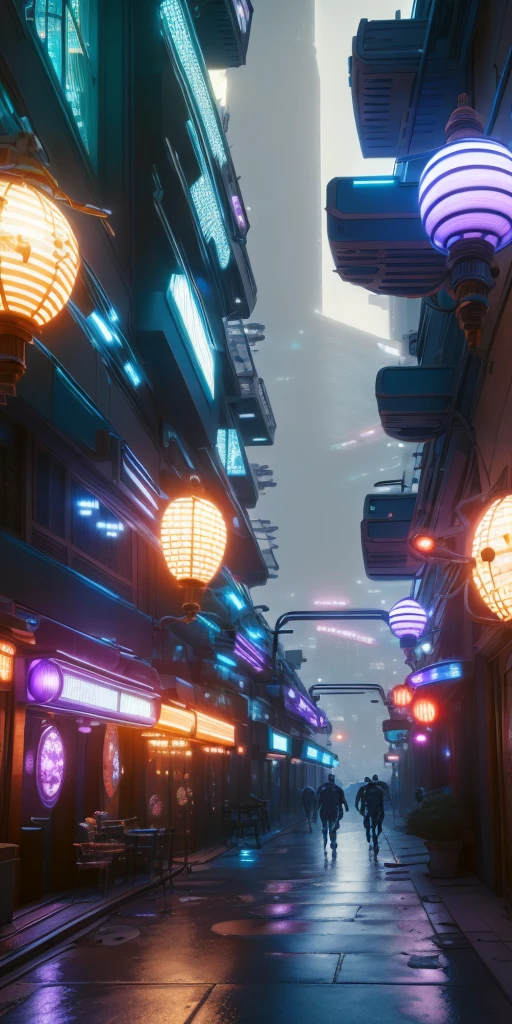 An illustration depicting a cyberpunk cityscape at night. A narrow alley filled with neon signs and exotic, futuristic lamps illuminating the surroundings. Various colors of neon lights are scattered along the street, with blue and purple lights standing out prominently. The buildings feature unique decorations with elements of Asian-style design. The sidewalk has a wet sheen, reflecting the lights. The perspective provides a sense of depth, with tall skyscrapers visible in the background. The image is rich in detail, creating a fantastical and futuristic atmosphere.