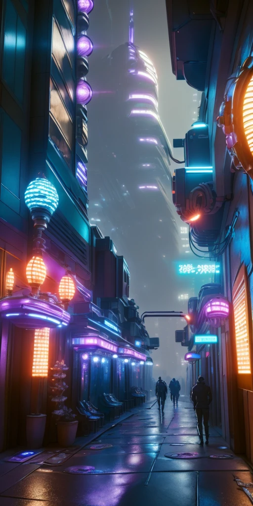 An illustration depicting a cyberpunk cityscape at night. A narrow alley filled with neon signs and exotic, futuristic lamps illuminating the surroundings. Various colors of neon lights are scattered along the street, with blue and purple lights standing out prominently. The buildings feature unique decorations with elements of Asian-style design. The sidewalk has a wet sheen, reflecting the lights. The perspective provides a sense of depth, with tall skyscrapers visible in the background. The image is rich in detail, creating a fantastical and futuristic atmosphere.