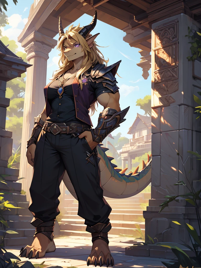 (masterpiece, best quality, high quality, highres:1.4), detailed, extremely detailed, ambient soft lighting, 4K, by (by Pino Daeni, (by ruaidri), yupa, kiyosan,(by meesh), (by fffffolder)), delga: (slim, athletic, dragon, yellow body, smooth skin, athletic muscle, anthro legs, (dragon feet), (toe claw), purple eyes, blonde spikes, girl, female, breasts, curvy, (detailed eyes), dragon horn, dragon tail, druid (clothing, (topwear: suit, black shirt), handwear:(none), bottomwear:(pants:black, [[leg armor]]))), footwraps, foot wraps, handsome, closed_mouth, ((serious_look, serious)) tag:1girl), standing, portrait