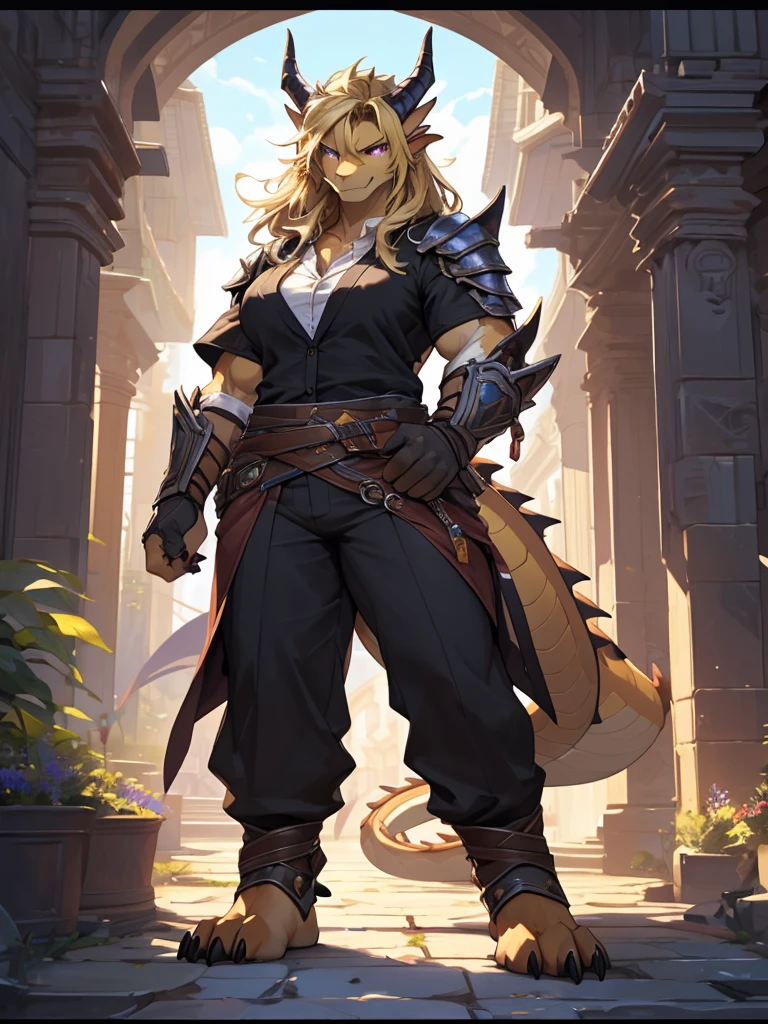 (masterpiece, best quality, high quality, highres:1.4), detailed, extremely detailed, ambient soft lighting, 4K, by (by Pino Daeni, (by ruaidri), yupa, kiyosan,(by meesh), (by fffffolder)), delga: (slim, athletic, dragon, yellow body, smooth skin, athletic muscle, anthro legs, (dragon feet), (toe claw), purple eyes, blonde spikes, girl, female, breasts, curvy, (detailed eyes), dragon horn, dragon tail, druid (clothing, (topwear: suit, black shirt), handwear:(none), bottomwear:(pants:black, [[leg armor]]))), footwraps, foot wraps, handsome, closed_mouth, ((serious_look, serious)) tag:1girl), standing, portrait