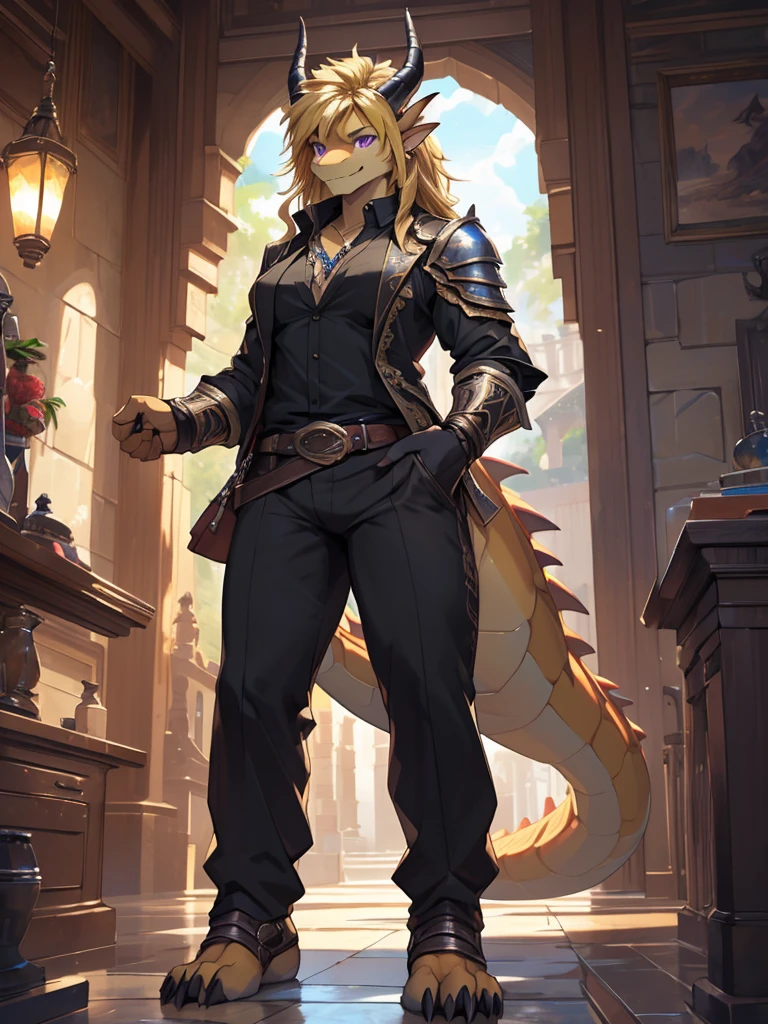 (masterpiece, best quality, high quality, highres:1.4), detailed, extremely detailed, ambient soft lighting, 4K, by (by Pino Daeni, (by ruaidri), yupa, kiyosan,(by meesh), (by fffffolder)), delga: (slim, athletic, dragon, yellow body, smooth skin, athletic muscle, anthro legs, (dragon feet), (toe claw), purple eyes, blonde spikes, girl, female, breasts, curvy, (detailed eyes), dragon horn, dragon tail, druid (clothing, (topwear: suit, black shirt), handwear:(none), bottomwear:(pants:black, [[leg armor]]))), footwraps, foot wraps, handsome, closed_mouth, ((serious_look, serious)) tag:1girl), standing, portrait