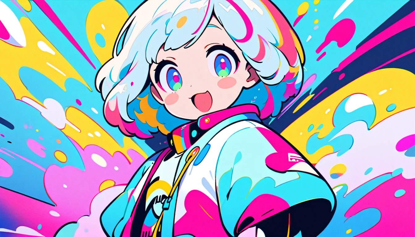 Vibrant art,pop、bright、colorful, 1 male, Light blue hair, short hair、Happy,cute, animation style, kawaii, clearly, colorful cyberpunk, bubblegum pop, cute、Pink and light blue as main colors、I'm cheering loudly、 Headphonesをしている、Headphones、music、