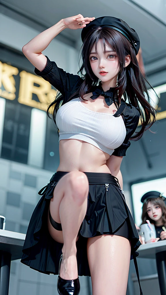 (very delicate and beautiful:1.2)super model,perfect shape,Two girls kicking at the screen,2girl,,Thighhighs,beautiful feet,beret,gentle expression,Seen by girls from below,Innocent face,Mini skirt,big breasts,beautiful breasts,Girls doing roundhouse kicks from the left and right of the screen,voluptuous,bike shorts,,givenchy,masterpiece, highest quality, High resolution, 8K, 2 girls, sl2,outfit2,With two people, skirt, uniform, short hair, messy hair, blush, sexy pose, big breasts, seductive pose, sweating, put your hand on your waist, sweating, skyscaper, cityscape, vivid details, super detail, realistic skin texture, Surface details, Beautiful eyes in every detail, medium full shot, sunset