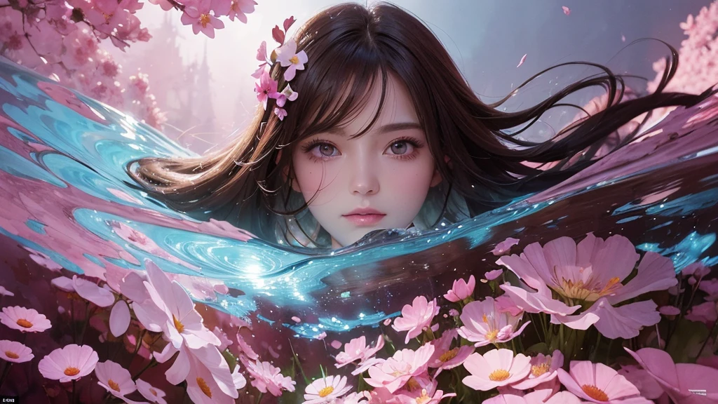 32k, Masterpiece, Highest quality, One girl, Detailed eyes, flower,Sandersonia, Pink and brown style,A dreamy, romantic piece,Pale pink, Mysterious Leaves,A playful arrangement,Fantasy,High Contrast,Ink strokes,explosion,Exposure, Impression of pink and brown tones,Abstract,((Watercolours by John Berkey and Jeremy Mann )) Brush strokes,Negative Space, Tyndall effect,