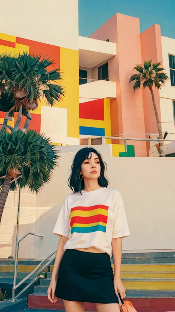 ((long shot photography)) ((best quality)), ((masterpiece)), (detailed),1 girl, beautiful, black bob hair, almond eye, no makeup, white tshirt, ((oversize_tshirt)), peach color skirt, in front of ((80's mondrian architecture colorful motel)),(from below:1.2), (realistic:1.1), (surreal:1.2), (very detailed:1.1), ((masterpiece)),(sharp focus),summer, blue sky, ((palm trees)),sunny, los angles vibes,