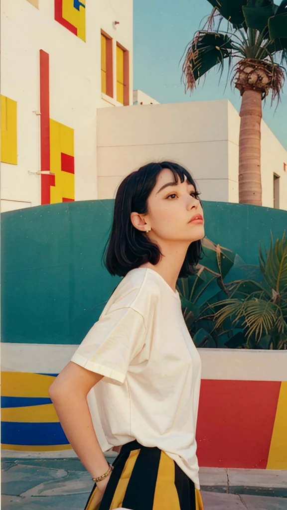 ((long shot photography)) ((best quality)), ((masterpiece)), (detailed),1 girl, beautiful, black bob hair, almond eye, no makeup, white tshirt, ((oversize_tshirt)), peach color skirt, in front of ((80's mondrian architecture colorful motel)),(from below:1.2), (realistic:1.1), (surreal:1.2), (very detailed:1.1), ((masterpiece)),(sharp focus),summer, blue sky, ((palm trees)),sunny, los angles vibes,