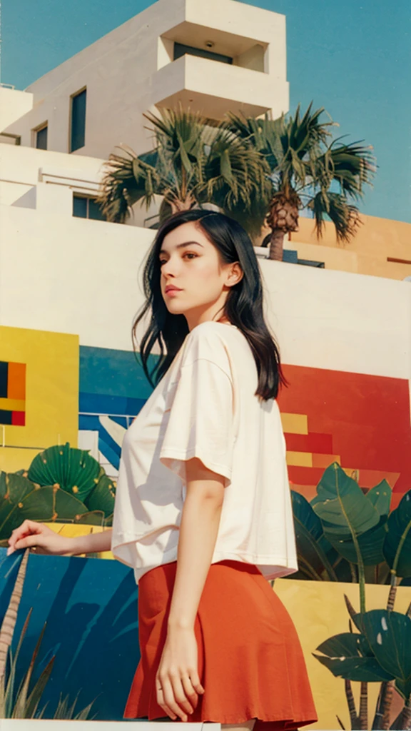 ((long shot photography)) ((best quality)), ((masterpiece)), (detailed),1 girl, beautiful, black bob hair, almond eye, no makeup, white tshirt, ((oversize_tshirt)), peach color skirt, in front of ((80's mondrian architecture colorful motel)),(from below:1.2), (realistic:1.1), (surreal:1.2), (very detailed:1.1), ((masterpiece)),(sharp focus),summer, blue sky, ((palm trees)),sunny, los angles vibes,