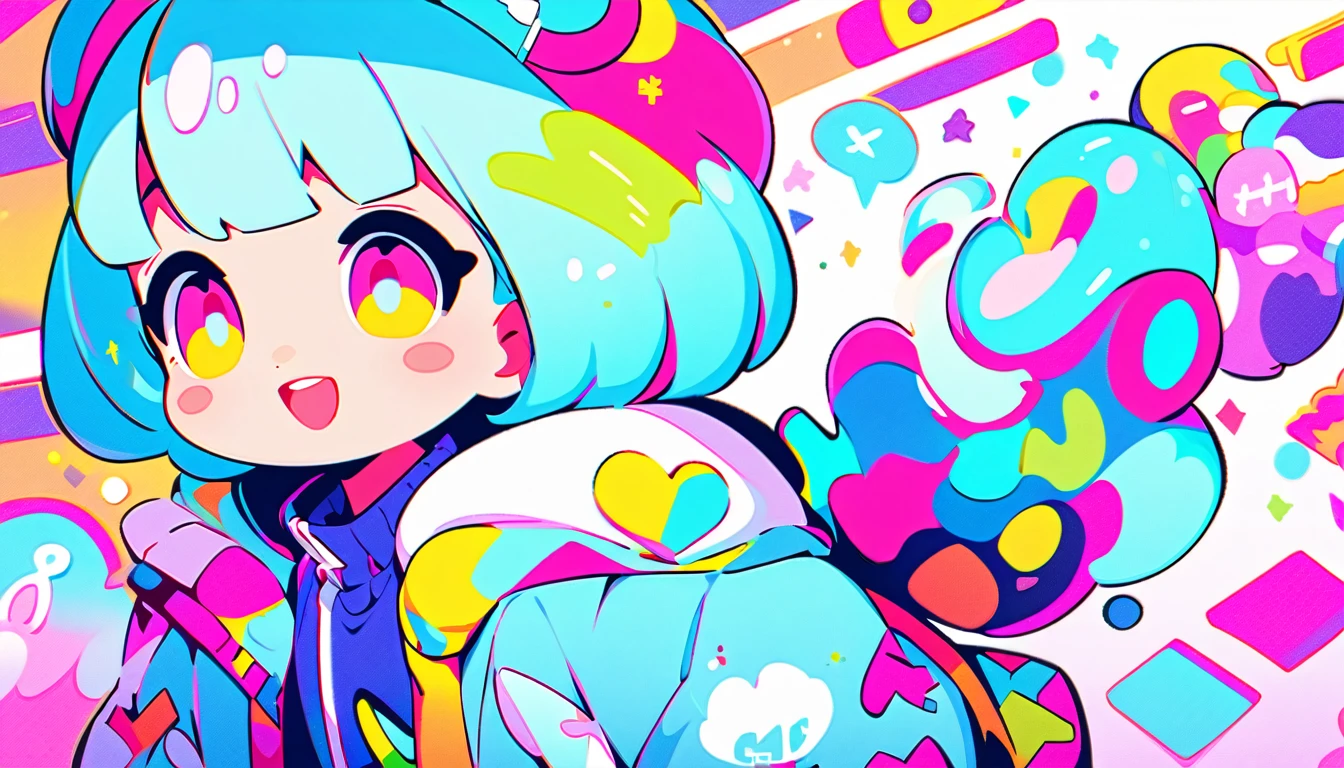 Vibrant art,pop、bright、colorful, 1 female, Light blue hair, short hair、Happy,cute, animation style, kawaii, clearly, colorful cyberpunk, bubblegum pop, cute、Pink and light blue as main colors、I'm cheering loudly、 Headphonesをしている、Headphoneusic、
