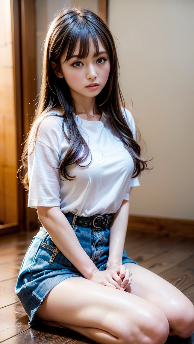 8k,best quality, masterpiece, ultra detailed, ultra high res, photorealistic, raw photo, absurdres, absolutely resolution, 1girl, full body, looking at viewer,a Japanese young pretty woman, hyper cute face, glamorous figure, large breasts,long bob hair,smile, (White T-shirt and denim mini skirt:1.3),Gravure pose by the beautiful seaside ,glossy lips, beautiful detailed eyes,double eyelids in both eyes, natural makeup, shiny smooth light brown long bob hair, asymmetrical bangs, shiny skin, central image, high resolution, high detailing, detailed hairstyle, detailed face, spectacular movie lighting, octane rendering, vibrant, hyper realistic, perfect limbs, perfect anatomy