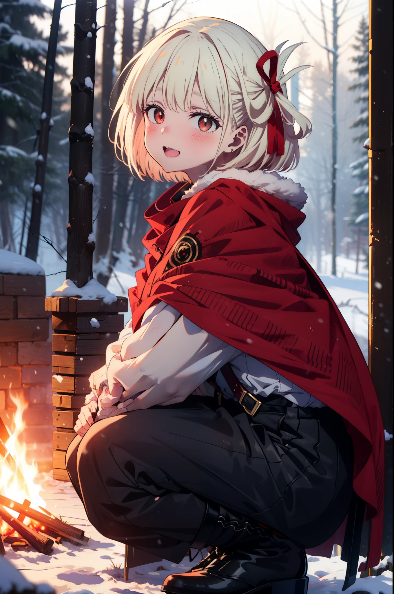 chisatonishikigi, Chisato Nishikigi, short hair, bangs, blonde, (Red eyes:1.5), Hair Ribbon, One side up, Bobcut,smile,blush,happy smile, smile, Open your mouth,
White Breath, Open your mouth,snow, Ground bonfire, Outdoor, boots, snowing, From the side, wood, suitcase, Cape, Blurred, Increase your meals, forest, White handbag, nature, Squat, Mouth closed, フードed Cape, winter, Written boundary depth, Black shoes, red Cape break looking at viewer, Upper Body, whole body, break Outdoor, forest, nature, break (masterpiece:1.2), Highest quality, High resolution, unity 8k wallpaper, (shape:0.8), (Beautiful and beautiful eyes:1.6), Highly detailed face, Perfect lighting, Highly detailed CG, (Perfect hands, Perfect Anatomy),