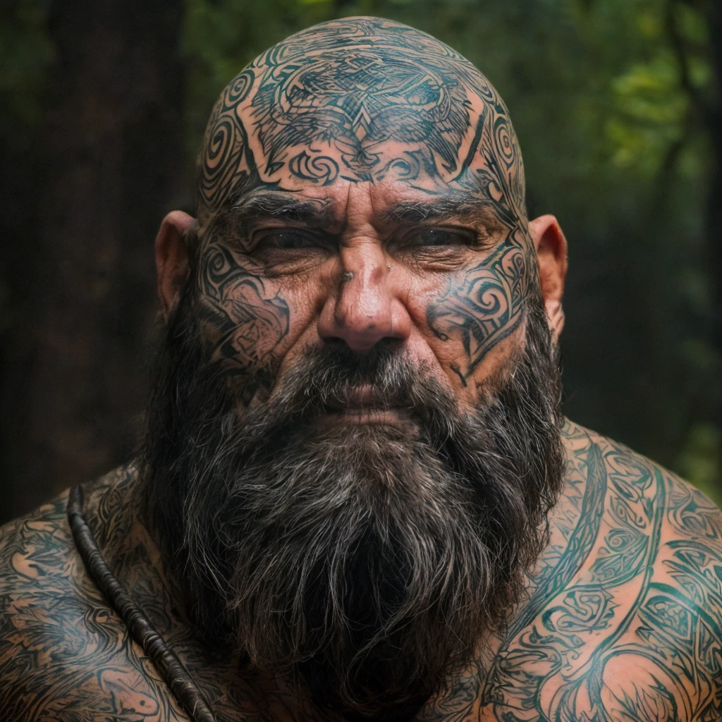(masterpiece)+, (extremely (realistic)+,a portrait of a extremely ugly male tribal barbarian, Completely bald, Massive, muscular, tattoo covered skin, Massive beard. Focused stare. Looking at camera. volumetrics dtx, Photorealistic, ultra detailed, Artstation trending, very very detailed, realistic shaded lighting, dynamic shadows, detailed Swamp background, upper body, professional photograph of a detailed skin, sharp focus, dramatic, award winning, cinematic lighting, octane render, unreal engine, volumetrics dtx, Photorealistic, ultra detailed, Artstation trending, very very detailed, hyperrealistic, fine details, realistic shaded lighting, dynamic shadows, Swamp background, add_detail:1, skin pores and wrinkles, details.,
