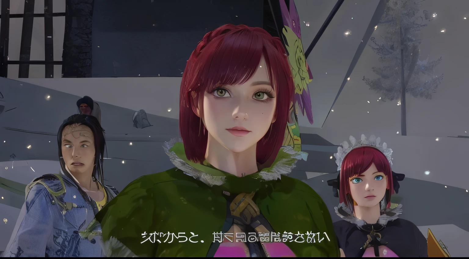 A red-haired girl with short hair and green eyes big breast