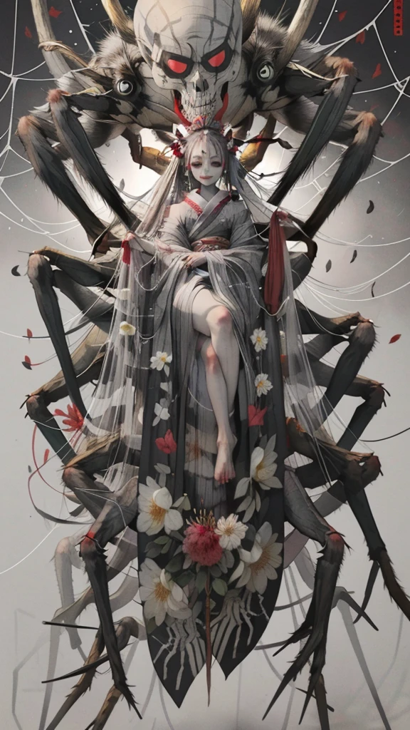 (masterpiece:1.2),Highest quality,Realistic,Nocturnal ghosts,
One girl,silk,Spider web,Long Hair,Arthropod Smiling Girl,kimono,kimono,hair ornaments,Gray Hair,alone,bug,very Long Hair,skull,heart,sash,Spider girl,flower,View your viewers,hair flower,Arthropod limbs,barefoot,horn,Extra arms,Extra Eyes,Red eyes,red flower,Spider,Wide sleeves,Short eyebrows,white kimono,Long sleeve,Colored sclera,Forehead mark,Mouth closed,Skin of color,whole body,grotesque
