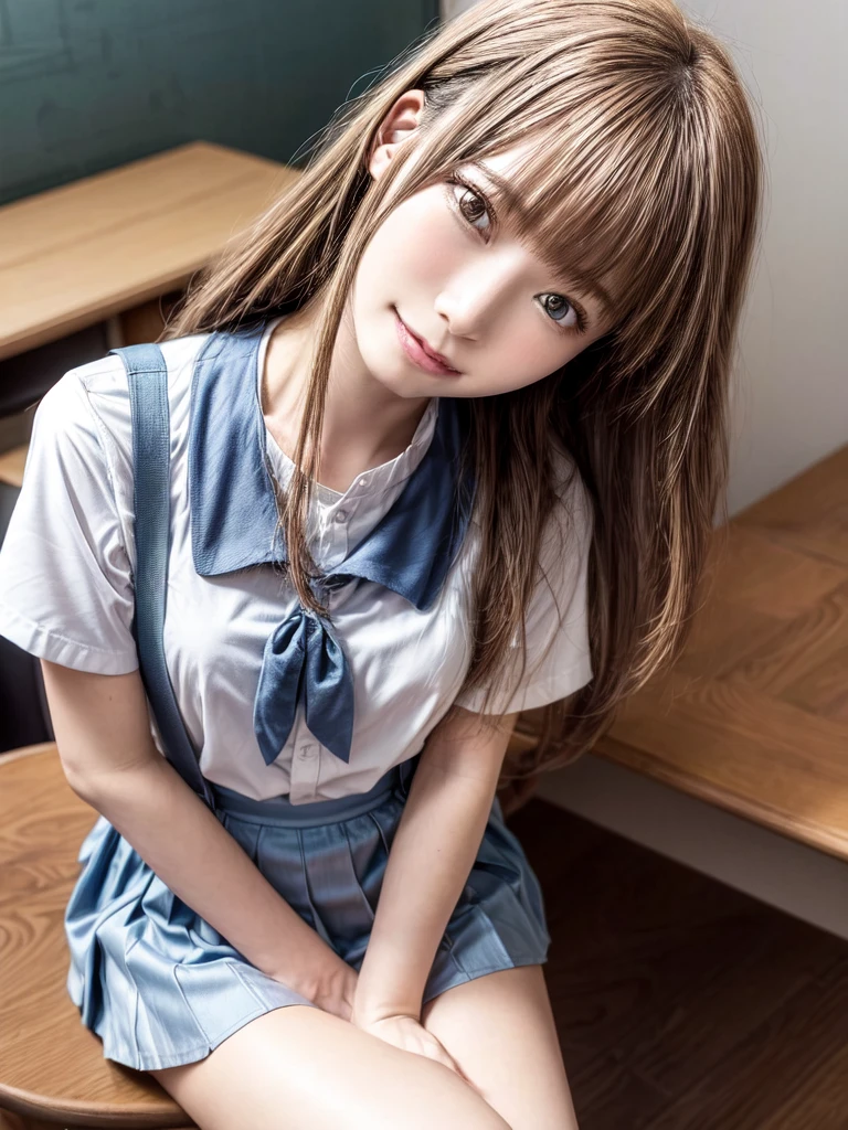 (8k, Highest quality, Pieces fly:1.2)、Ultra-high resolution、anime,1 very pretty girl,Asuka Langley,Highly detailed face, Fine grain,blue eyes,,White sailor collar plain short sleeve shirt,Light blue skirt,Light Blue Suspenders,uniform_Red ribbon,Orange Hair,Long Hair、Detailed hand and fingers,put your hands in your hair,Grin、sitting on desk,Shooting from above,classroom