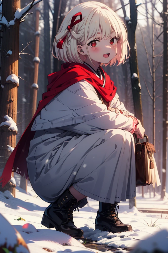 chisatonishikigi, Chisato Nishikigi, short hair, bangs, blonde, (Red eyes:1.5), Hair Ribbon, One side up, Bobcut,smile,blush,happy smile, smile, Open your mouth,
White Breath, Open your mouth,snow, Ground bonfire, Outdoor, boots, snowing, From the side, wood, suitcase, Cape, Blurred, Increase your meals, forest, White handbag, nature, Squat, Mouth closed, フードed Cape, winter, Written boundary depth, Black shoes, red Cape break looking at viewer, Upper Body, whole body, break Outdoor, forest, nature, break (masterpiece:1.2), Highest quality, High resolution, unity 8k wallpaper, (shape:0.8), (Beautiful and beautiful eyes:1.6), Highly detailed face, Perfect lighting, Highly detailed CG, (Perfect hands, Perfect Anatomy),