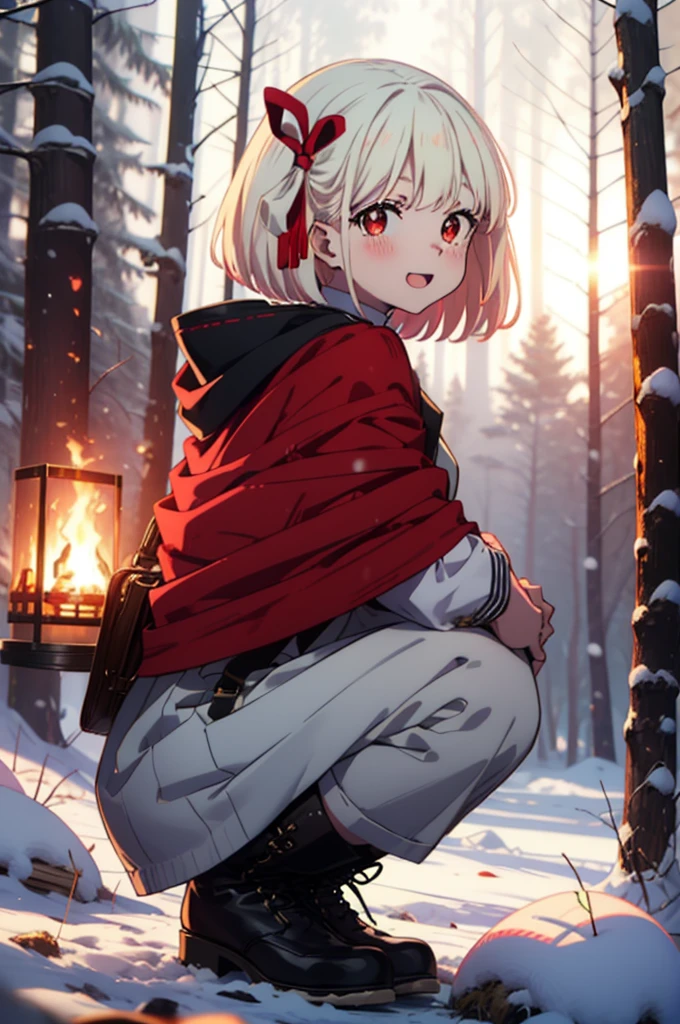 chisatonishikigi, Chisato Nishikigi, short hair, bangs, blonde, (Red eyes:1.5), Hair Ribbon, One side up, Bobcut,smile,blush,happy smile, smile, Open your mouth,
White Breath, Open your mouth,snow, Ground bonfire, Outdoor, boots, snowing, From the side, wood, suitcase, Cape, Blurred, Increase your meals, forest, White handbag, nature, Squat, Mouth closed, フードed Cape, winter, Written boundary depth, Black shoes, red Cape break looking at viewer, Upper Body, whole body, break Outdoor, forest, nature, break (masterpiece:1.2), Highest quality, High resolution, unity 8k wallpaper, (shape:0.8), (Beautiful and beautiful eyes:1.6), Highly detailed face, Perfect lighting, Highly detailed CG, (Perfect hands, Perfect Anatomy),