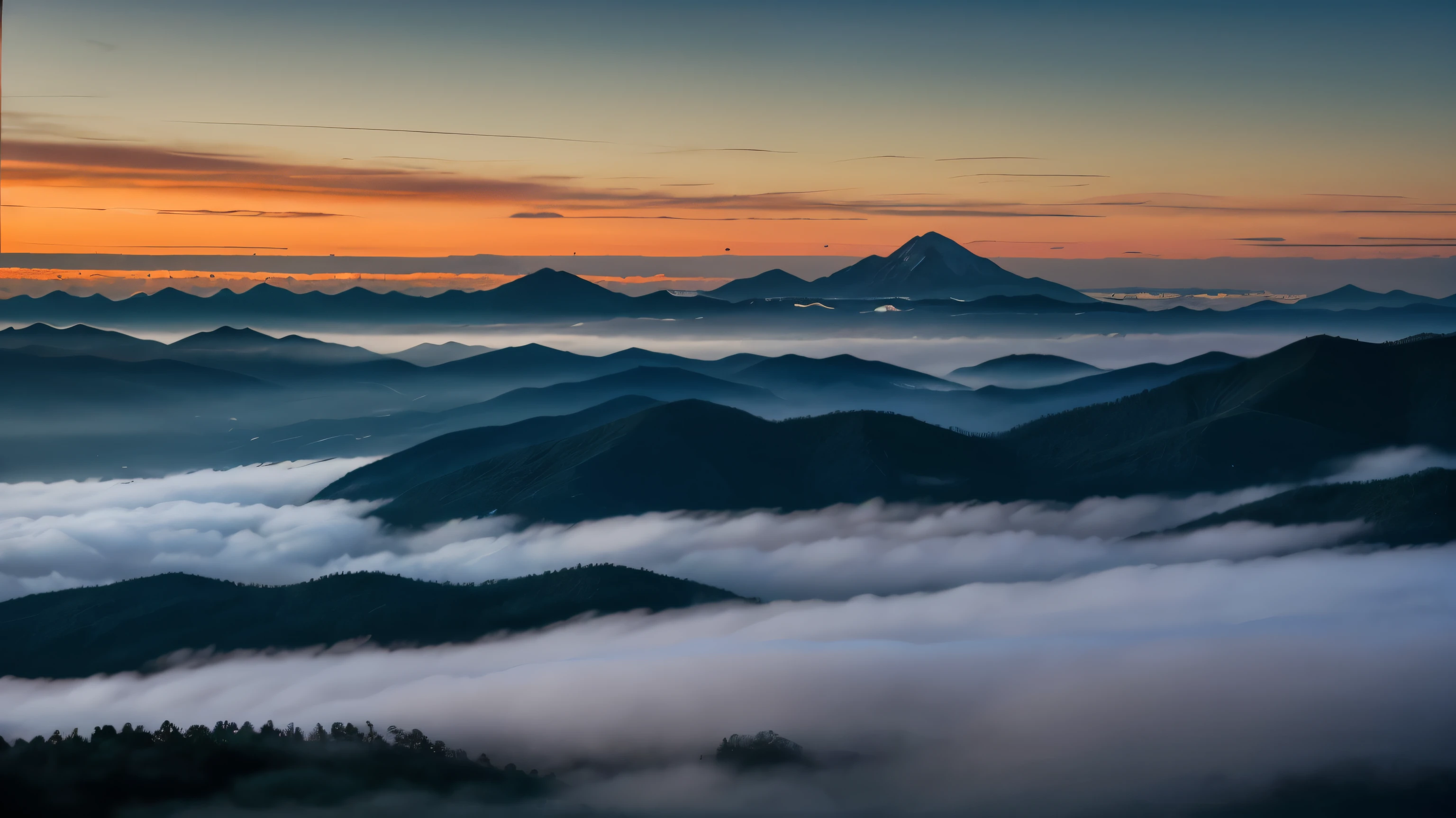 with blue misty mysterious mountains in the distance and an orange pastel sky. Distant blue mountains