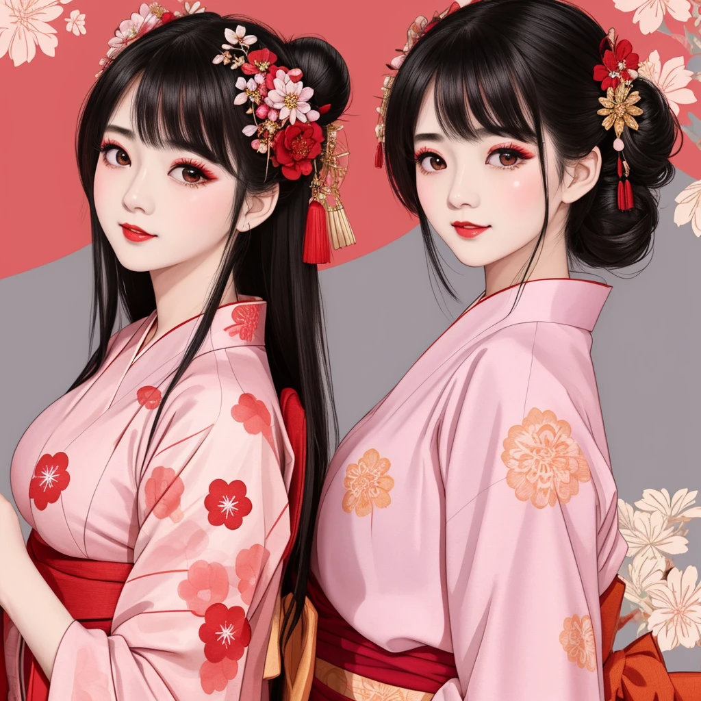 Each has a different expression２People and sisters、(２ girls）、｟Dancing traditional arts with grace)、((Big Breasts、Small Face、Not exposed))、Highest quality、masterpiece、（Black Hair、Bun Hair）、Brown Eyes、｟Wide angle、Angle from above the waist、雑誌の表紙のPause、Their gazes are different, gazing into the distance｠、(８K High Quality、masterpiece、High resolution、Realistic and beautiful light and shadow、(Highest quality)、(High Resolution)、(Very delicate and beautiful)、(Beautiful 8k face)、(With a smile、Beautiful eyes)、(Clear skin)、(Soft hair)、(８Head to Body)、(A Japanese-style yukata kimono with red, pink, orange and blue floral patterns on a white background, interspersed with gold powder、Wearing a yukata２Beautiful Japanese girls)、((Tanabata decoration background))、((Small Face))、(arms up)、Thin and small nose、（Red lipstick）、（Make your cheeks red）、（Glossy skin）、((Ink painting style))、Very thin eyebrows、Overall ultra-high image quality、（She is wearing maiko-style makeup.）、Whitening、Long and beautiful eyelashes、Glowing Skin、（Red cheeks）,Straight nose、masterpiece、Highest quality、whole body、 Eyebrows visible through hair、Bun Hair、Grin、Gal、コGal、Viewer&#39;s Eyes、Plaid、Stylish、woman、fine、Pause、
Waiting to start 
