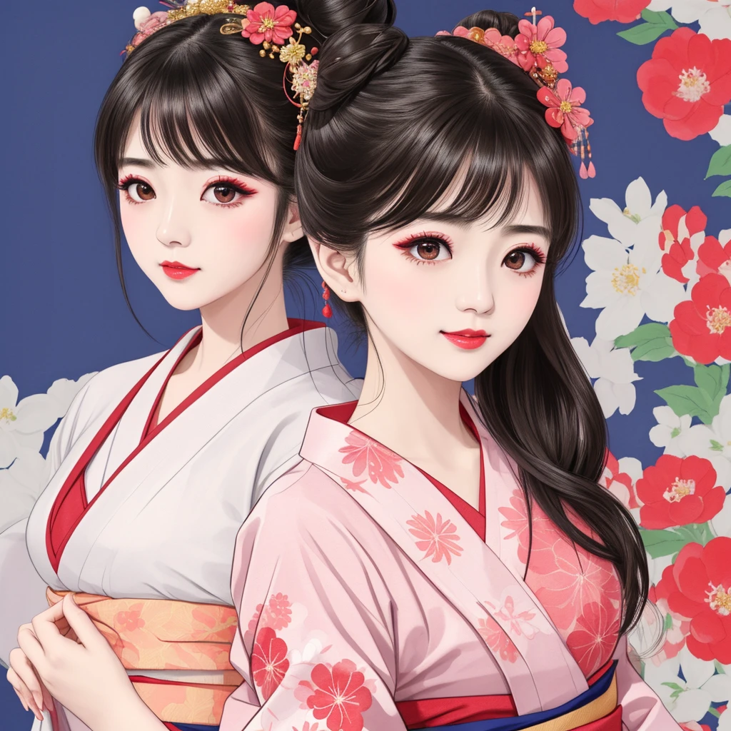 Each has a different expression2People and sisters、(2 girls)、⦅Dancing traditional arts with grace)、((Big Breasts、Small Face、Not exposed))、Highest quality、masterpiece、(Black Hair、Bun Hair)、Brown Eyes、⦅Wide angle、Angle from above the waist、雑誌の表紙のPause、Their gazes are different, gazing into the distance⦆、(8K High Quality、masterpiece、High resolution、Realistic and beautiful light and shadow、(Highest quality)、(High Resolution)、(Very delicate and beautiful)、(Beautiful 8k face)、(With a smile、Beautiful eyes)、(Clear skin)、(Soft hair)、(8Head to Body)、(A Japanese-style yukata kimono with red, pink, orange and blue floral patterns on a white background, interspersed with gold powder、Wearing a yukata2Beautiful Japanese girls)、((Tanabata decoration background))、((Small Face))、(arms up)、Thin and small nose、(Red lipstick)、(Make your cheeks red)、(Glossy skin)、((Ink painting style))、Very thin eyebrows、Overall ultra-high image quality、(She is wearing maiko-style makeup.)、Whitening、Long and beautiful eyelashes、Glowing Skin、(Red cheeks),Straight nose、masterpiece、Highest quality、whole body、 Eyebrows visible through hair、Bun Hair、Grin、Gal、コGal、Viewer's Eyes、Plaid、Stylish、woman、fine、Pause、
Waiting to start