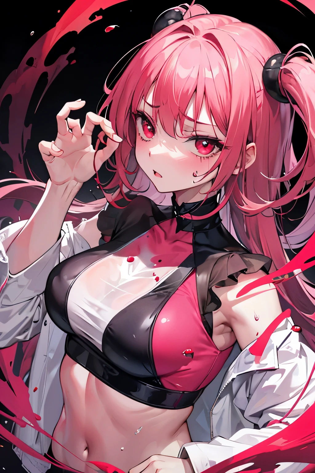 underdressing,Expression of disgust,Expression of disgust,Red Eyes,Sweat,Soaked,liquid,transparent,Cropped tops,succubus,pink