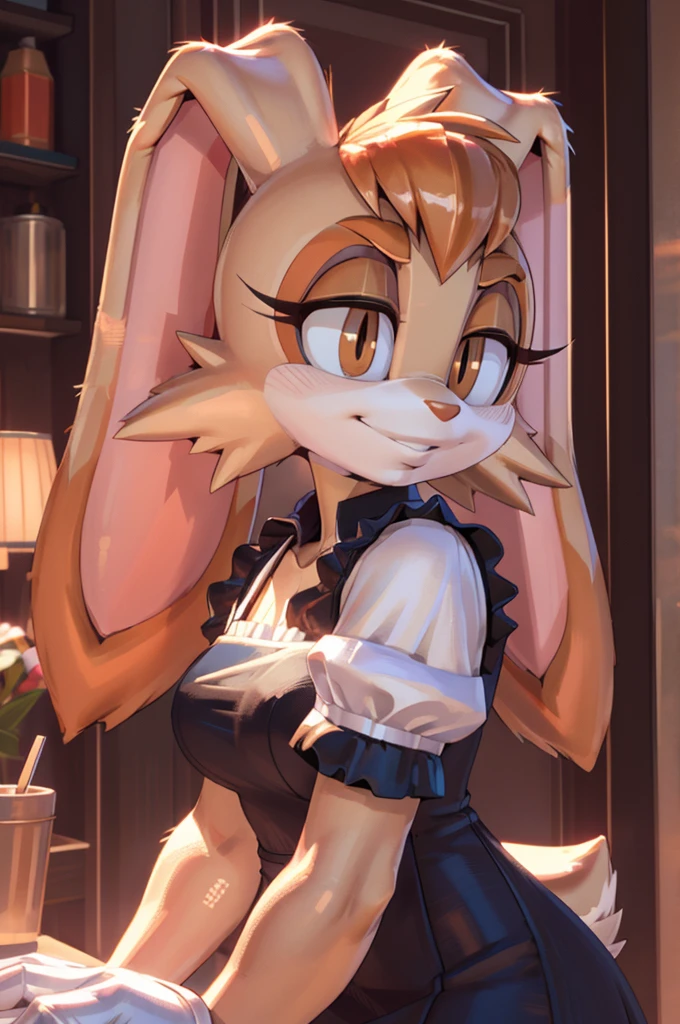 masterpiece, best quality, furry, anthro, anime, highres, 4k, by pakwan008 , by pixelsketcher, by jinu, vanilla the rabbit, rabbit girl, animal ears, animal nose, white muzzle, white gloves, orange hair, brown fur, dress, short sleeves, furry female, mature female, indoors