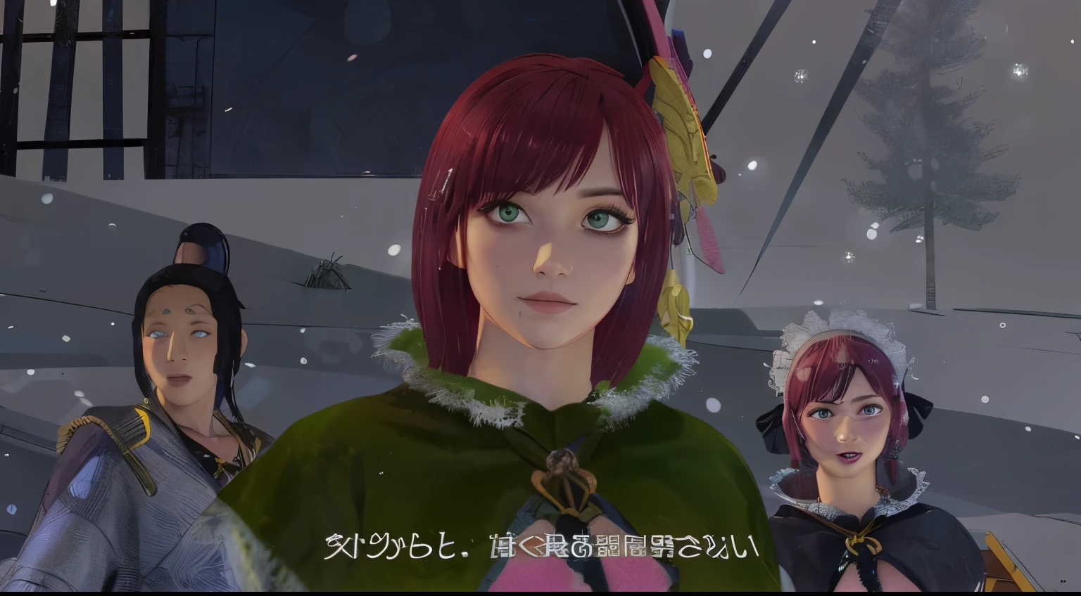 A red-haired girl with short hair and green eyes big breast