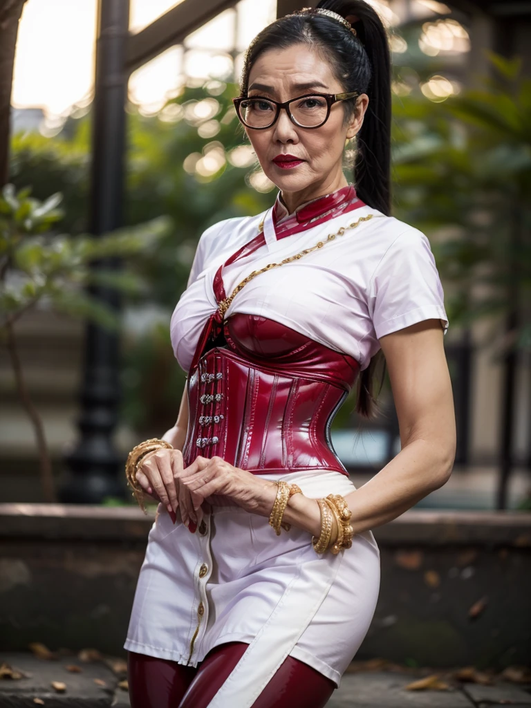 ((best quality)), ((Masterpiece)), (4k details), photorealism, ((Old Asian woman)), ((Age 70))
, Plump body, tight red latex leggings, white cotton dress shirt, (purple leather waist corset), Big muscles, Twintail hairstyle, Eyes on the camera, red lips, Wear glasses,