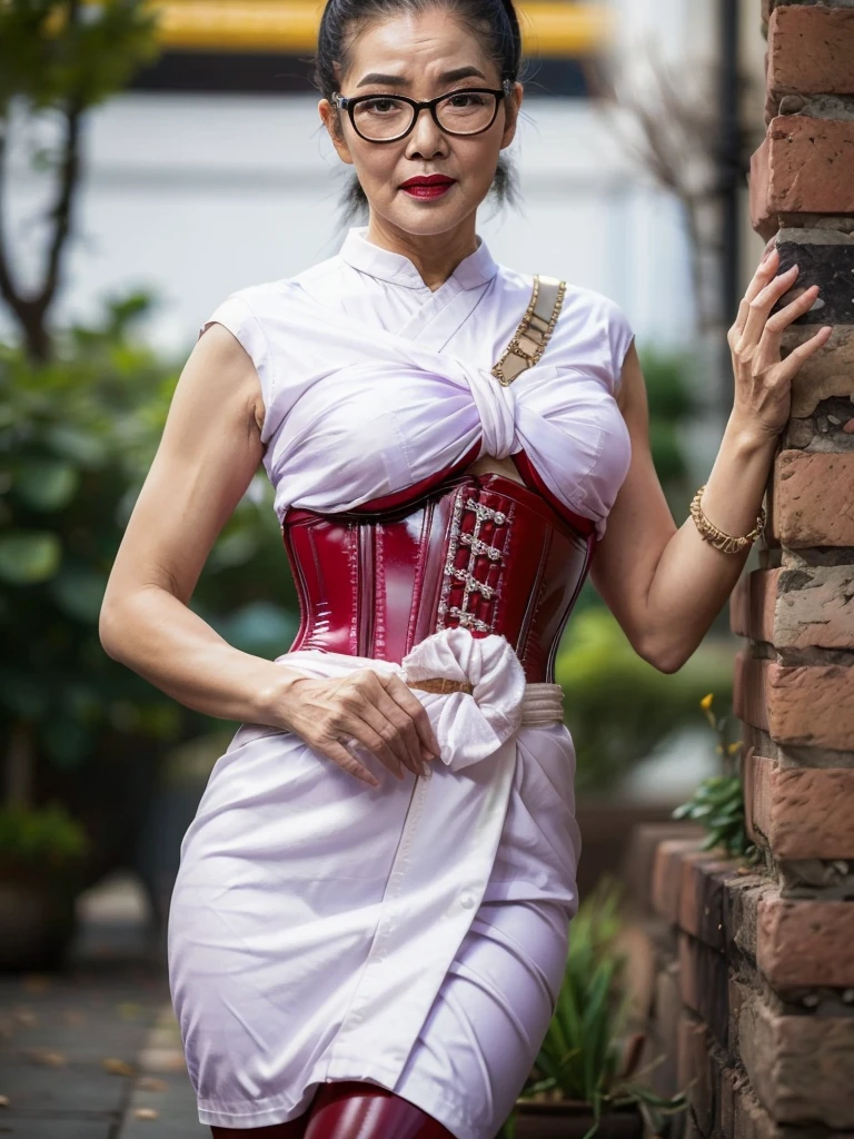 ((best quality)), ((Masterpiece)), (4k details), photorealism, ((Old Asian woman)), ((Age 70))
, Plump body, tight red latex leggings, white cotton dress shirt, (purple leather waist corset), Big muscles, Twintail hairstyle, Eyes on the camera, red lips, Wear glasses,