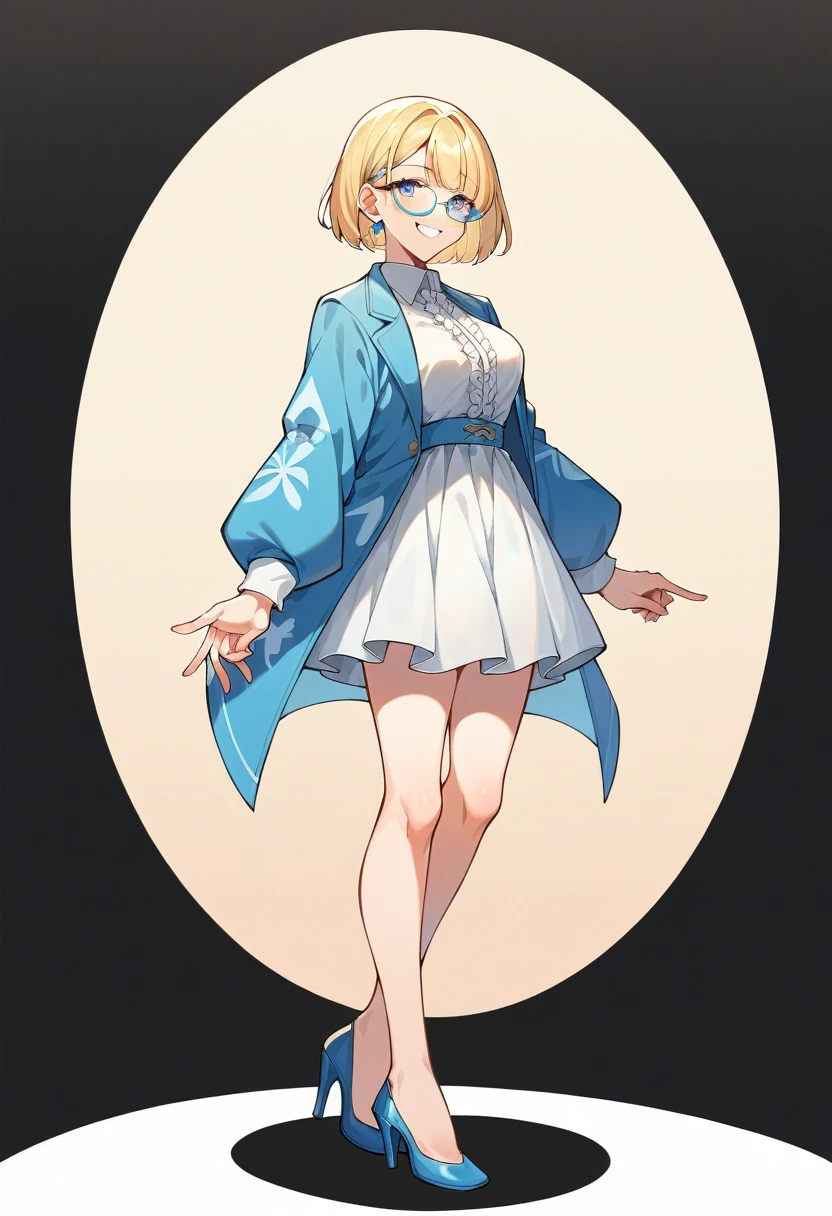 beautiful woman, beautiful face, solo, full body, standing, medium bob cut blonde hair, light blue eyes, two points glasses, medium breasts, blue opened short jacket, white blouse, white pleats skirt, (lewd calf of leg), blue high heels, soft smile, (pinch one's her glasses), perfect hands and perfect fingers, temptation pose, black background, no background, pastel 2d art, matte painting, anime, masterpiece 