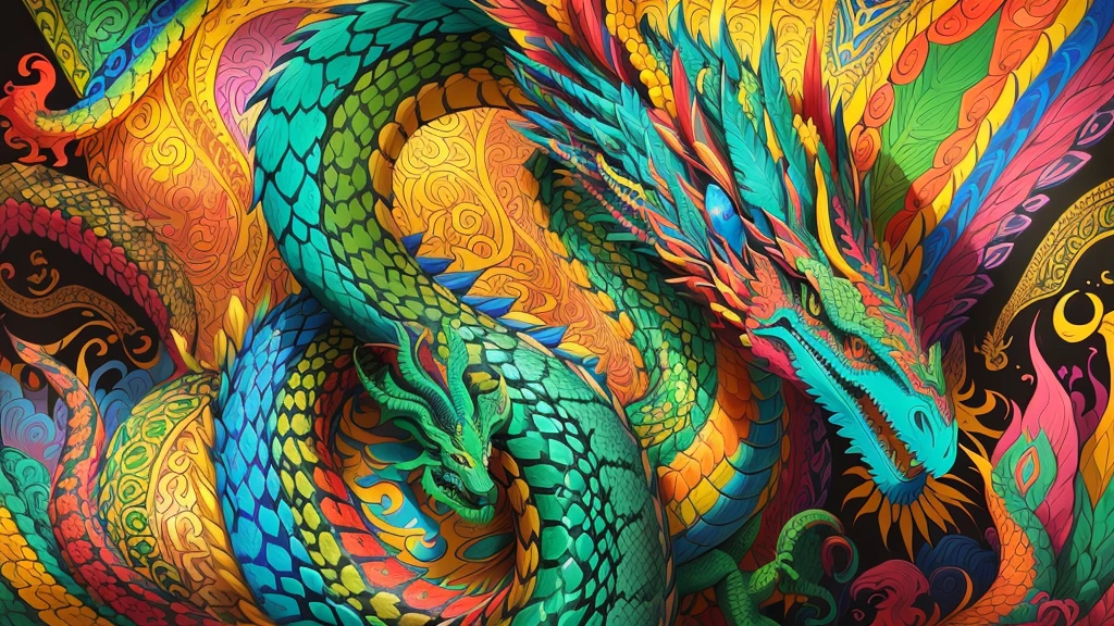 colored drawing of a dragon and a snake on a colored background, Quetzalcoatl, colorful illustration, psychedelic laughing demon, arte colorida ultra detalhada, altamente intrincado em technicolor, hyper detail illustration, arte de doodle colorido, psychedelic illustration, colorful illustration, cores brilhantes altamente detalhadas, intrincado colorido, muito detalhado e colorido, arte detalhada em cores, arte oficial